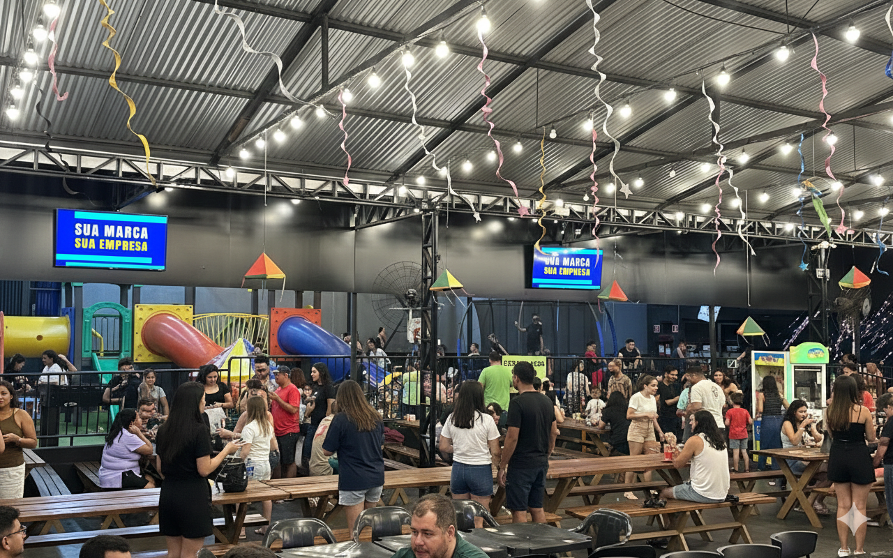 Telas Indoor na Praça de Alimentação com anúncio de Sua Marca