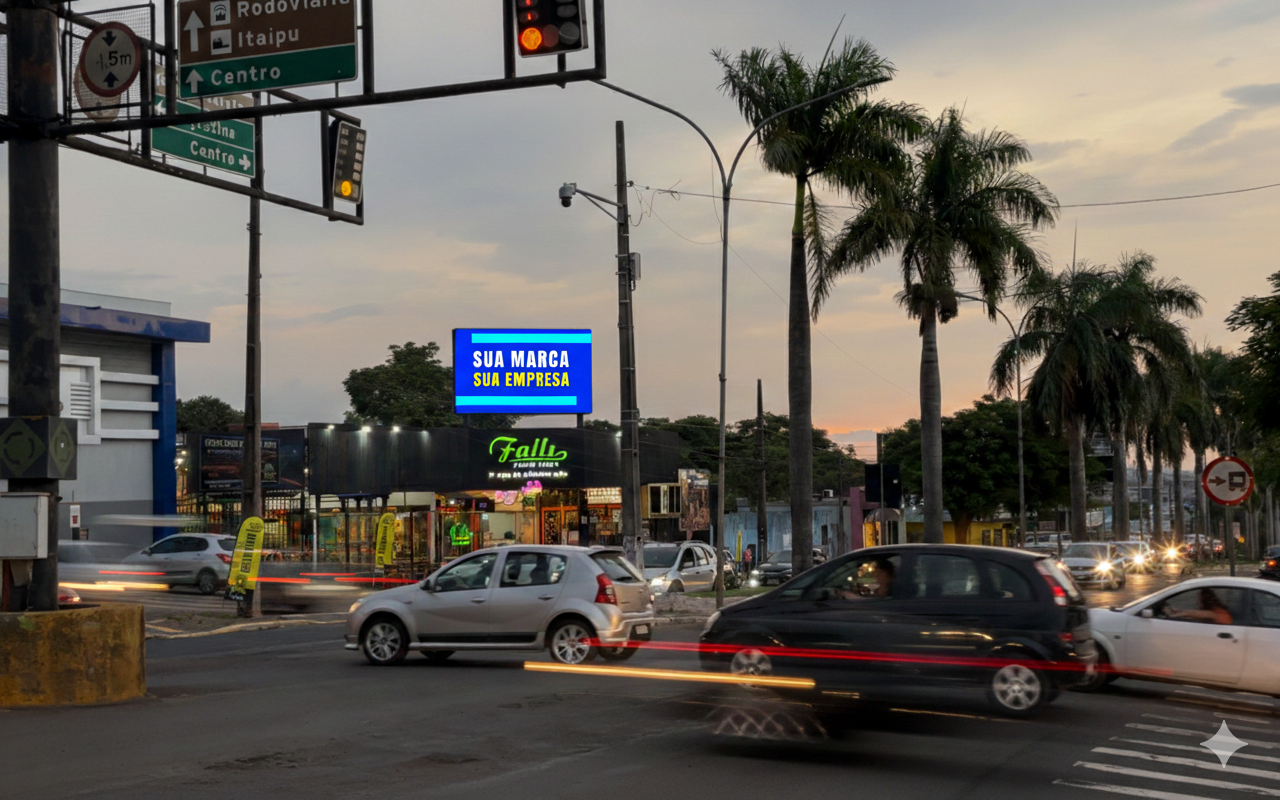 Painel de LED mostrando SUA MARCA na Avenida das Cataratas